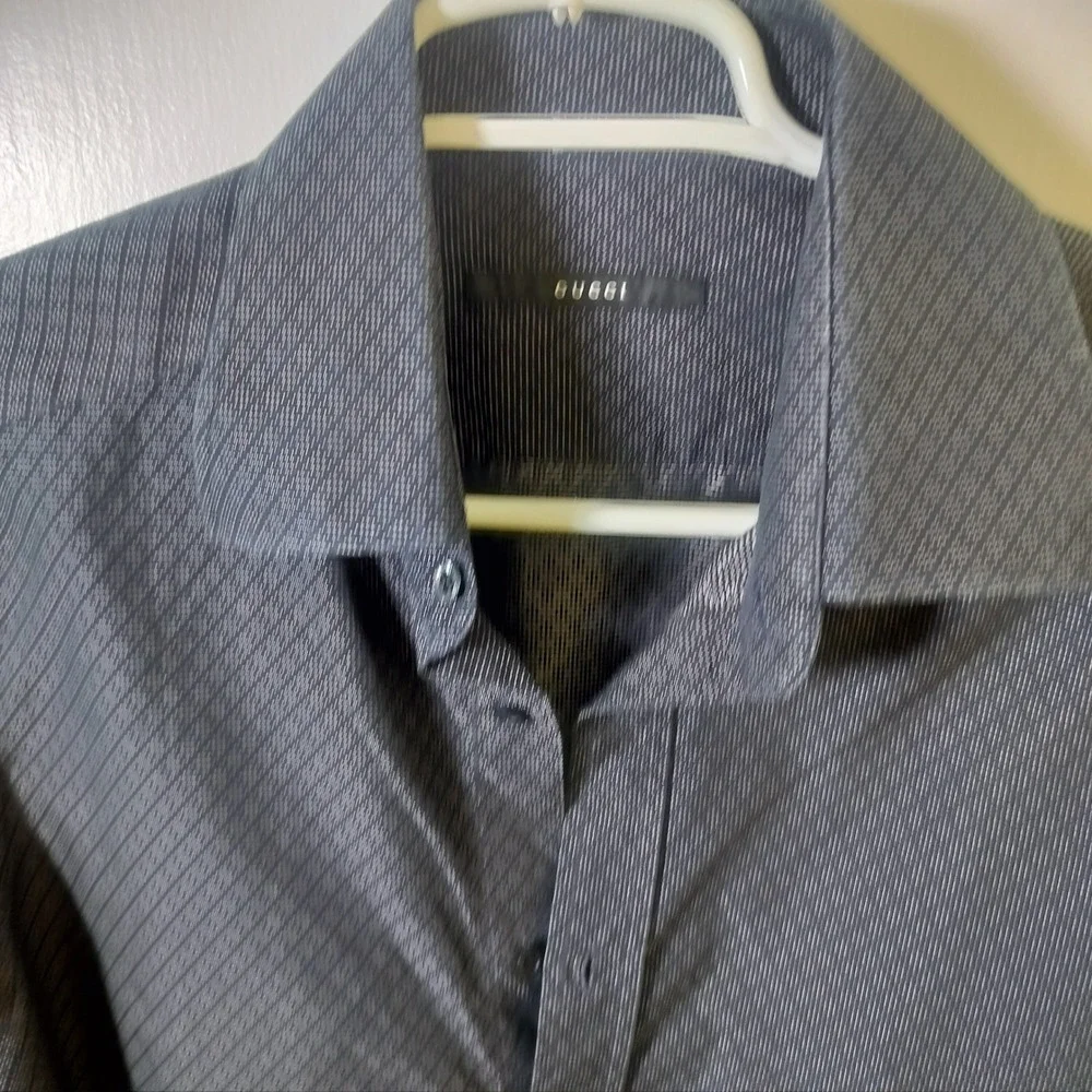 Gucci Mens Navy Blue Micro Geometric Diamond Long Sleeve Button Down Shirt 41 16